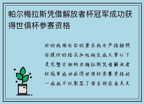 帕尔梅拉斯凭借解放者杯冠军成功获得世俱杯参赛资格 帕尔梅拉斯凭借解放者杯冠军成功获得世俱杯参赛资格